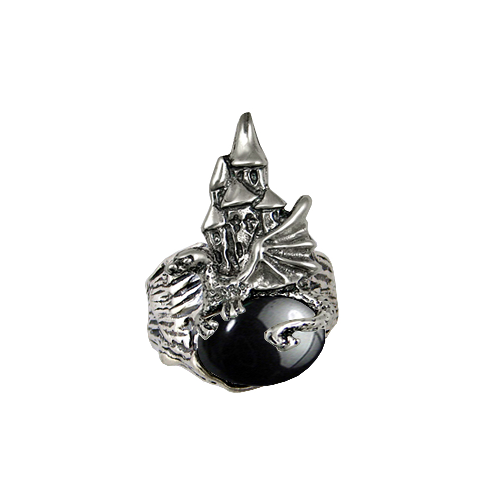 Sterling Silver Dragon And Her Castle Ring With Hematite Size 11